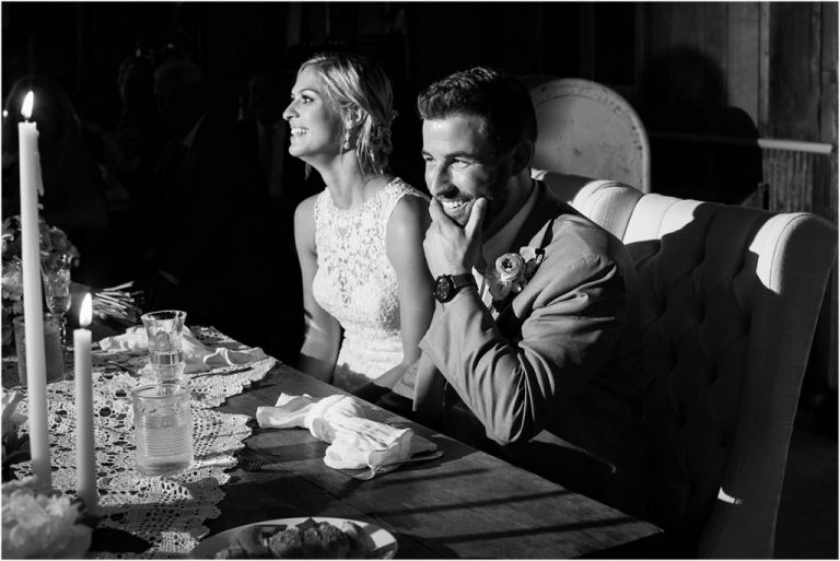 Bride and grooms reaction to wedding toast at Everly at railroad in NJ