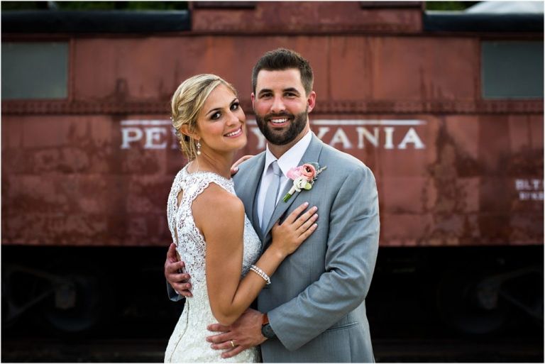 Wedding couple looking gorgeous in front of Everly at Railroad in NJ
