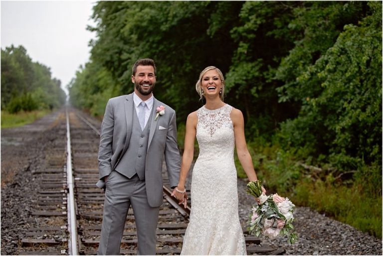 Wedding Couple laughing at Everly at Railroad Wedding