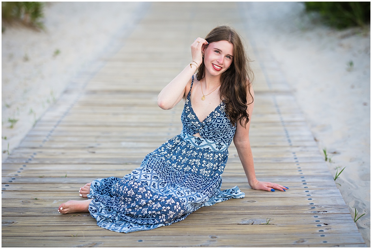 high school senior on the path to the beach in Wildwood